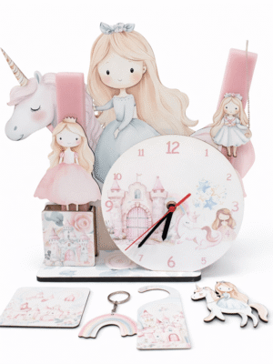 Πασχαλινή Λαμπάδα Πριγκίπισσα  με Μονόκερο με Επιτραπέζιο Ρολόι